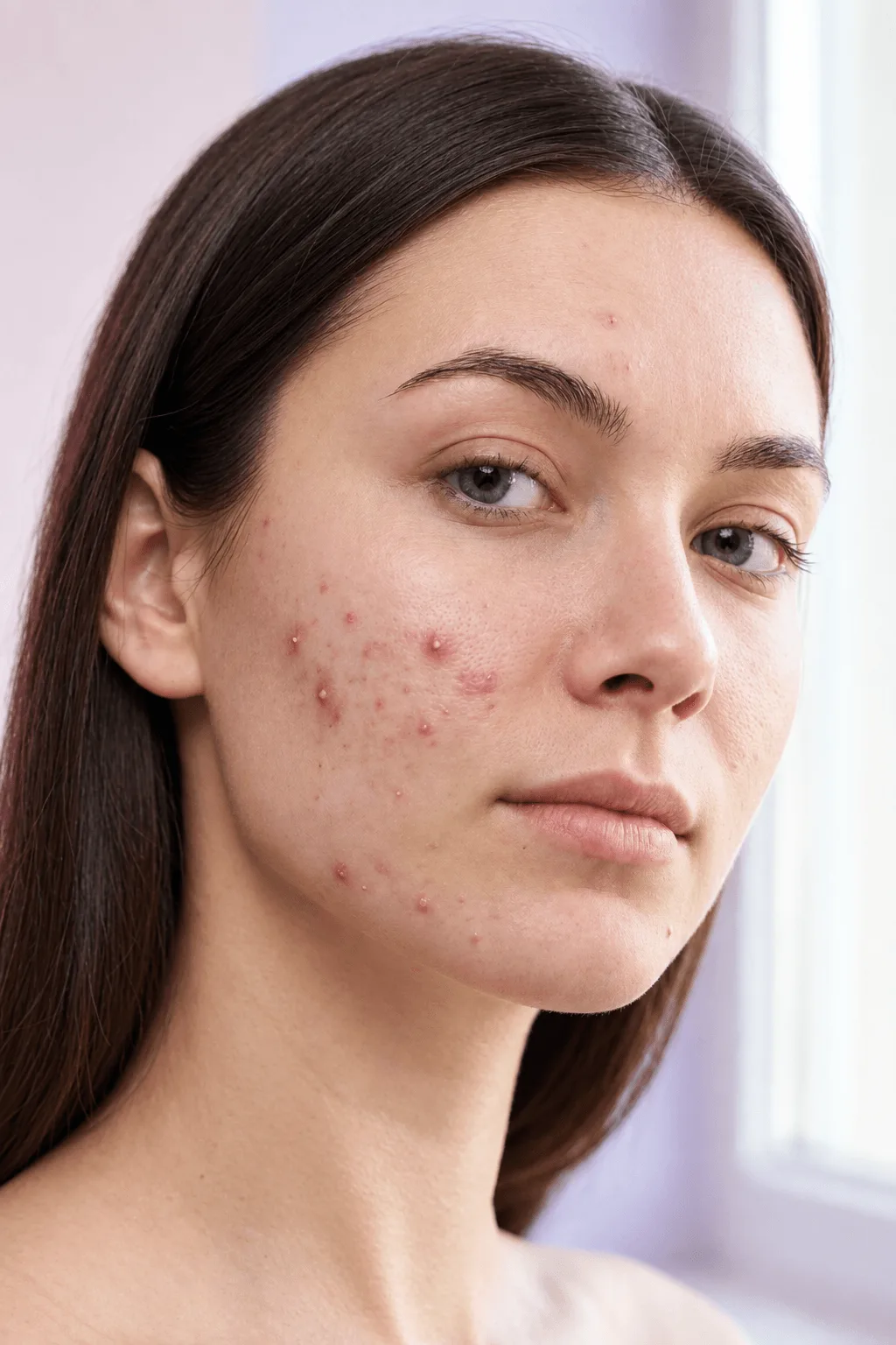 Close-up of adult acne along the jawline and chin being assessed at Applegate Dentistry and MedSpa Covington