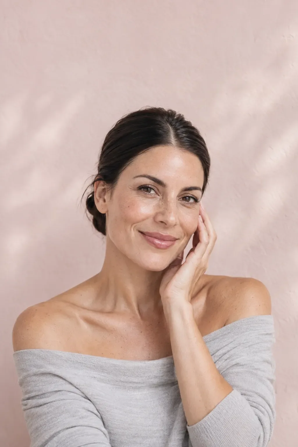 Soft abstract gradient background in warm magenta and cream tones representing smooth, freshly exfoliated facial skin