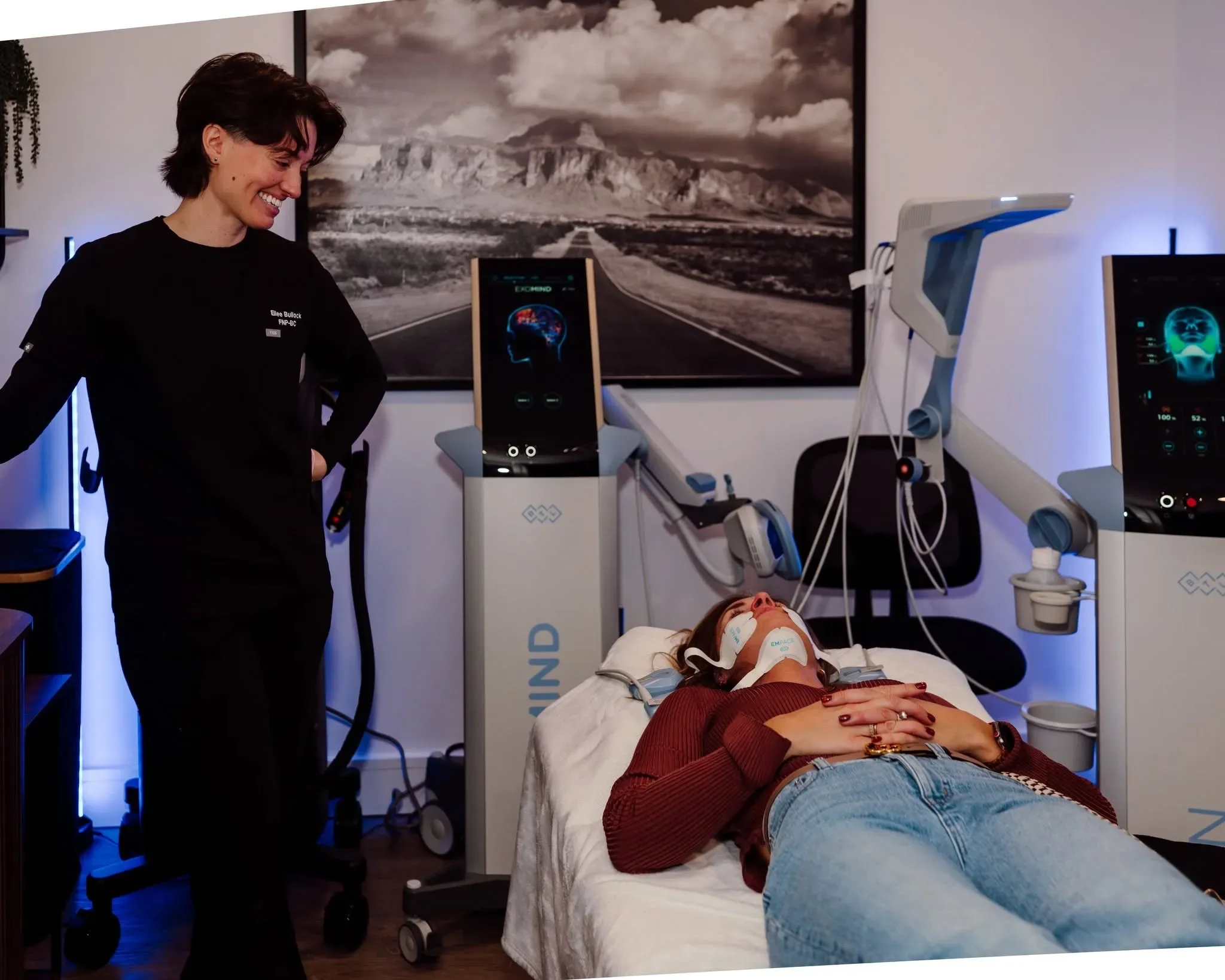 Patient receiving Emface for TMJ jaw muscle therapy at Applegate Dentistry and MedSpa in Covington, KY