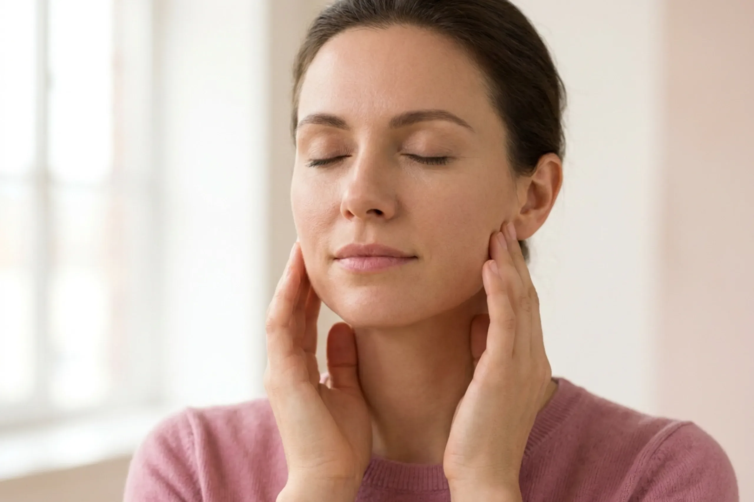 Woman easing jaw and temple tension during a TMJ consultation at Applegate Dentistry and MedSpa in Covington, KY
