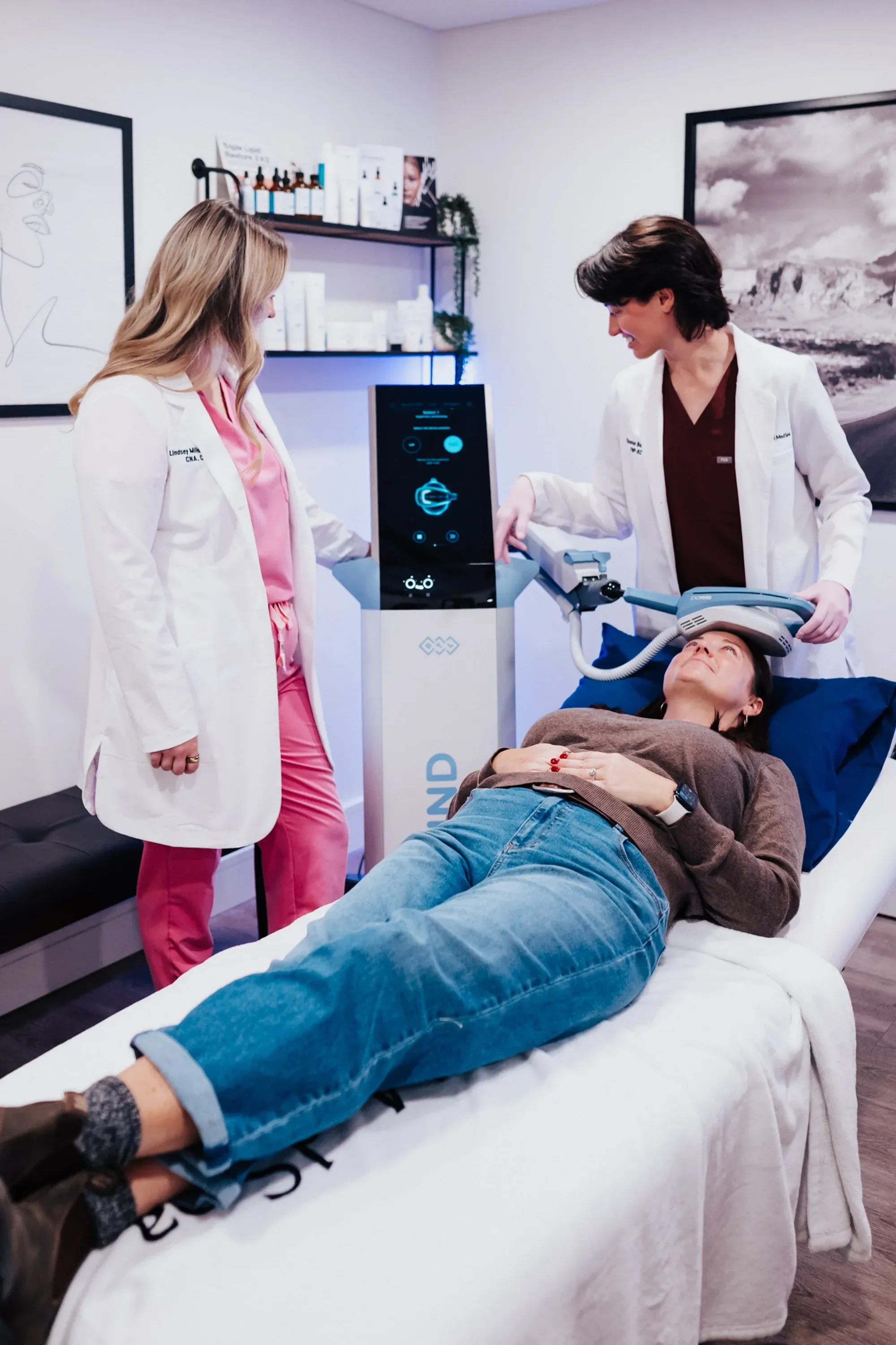 Relaxed patient after an Exomind TMS therapy session in the treatment suite at Applegate MedSpa in Covington